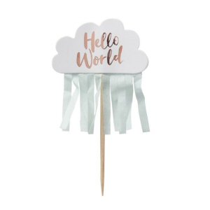 Hello World Rose Gold and Cloud Baby Shower Cupcake Toppers