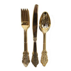 Party Porcelain Plastic Gold Cutlery